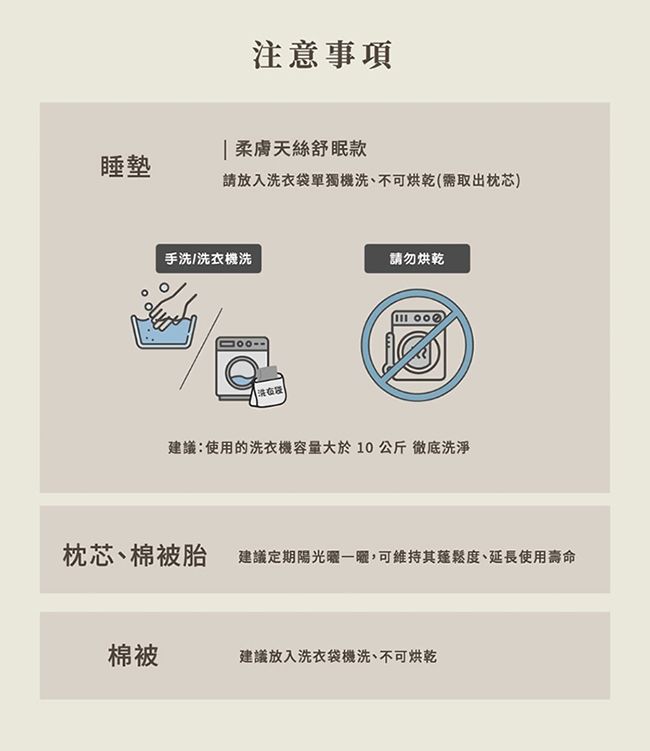 注意事項 柔膚天絲舒眠款睡墊請放入洗衣袋單獨機洗、不可烘乾(需取出枕芯)手洗/洗衣機洗請勿烘乾建議:使用的洗衣機容量大於10公斤 徹底洗淨枕芯、棉被胎 建議定期陽光一,可維持其蓬鬆度、延長使用壽命棉被建議放入洗衣袋機洗、不可烘乾