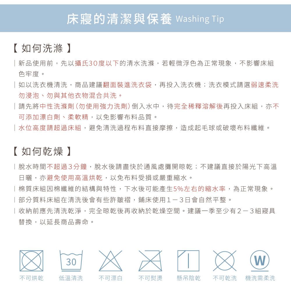 床寢的清潔與保養 ashing Tip【如何洗滌】新品使用前,先以攝氏度以下的清水洗滌,若輕微浮色為正常現象,不影響床組色牢度如以洗衣機清洗,商品建議翻面裝進洗衣袋,再投入洗衣機;洗衣模式請選弱速柔洗勿浸泡、勿與其他衣物混合共洗請先將中性洗滌劑(勿使用強力洗劑)倒入水中,待完全稀釋溶解後再投入床組,亦不可添加漂白劑、柔軟精,以免影響布料品質。水位高度請超過床組,避免清洗過程布料直接摩擦,造成起毛球或破壞布料纖維。【如何乾燥】脫水時間不超過3分鐘,脫水後請盡快於通風處攤開;不建議直接於陽光下高溫日曬,亦避免使用高溫烘乾,以免布料受損或嚴重縮水。|棉質床組棉纖維的結構與特性,下水後可能產生5%左右的縮水率,為正常現象。質料床組在清洗後會有些許皺褶,鋪床使用-3日會自然平整。收納前應先清洗乾淨,完全晾乾後再收納於乾燥空間。建議一季至少有2-3組寢具替換,以延長商品壽命。。 30  1 W不可烘乾低溫清洗不可漂白不可熨燙懸吊陰乾不可乾洗機洗需柔洗