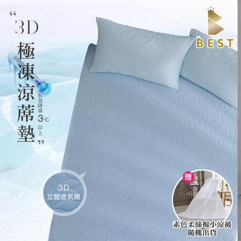 【BEST 貝思特】3D極凍涼蓆墊-藍  單人加大3.5尺  贈獨家3M素色吸濕排汗涼被