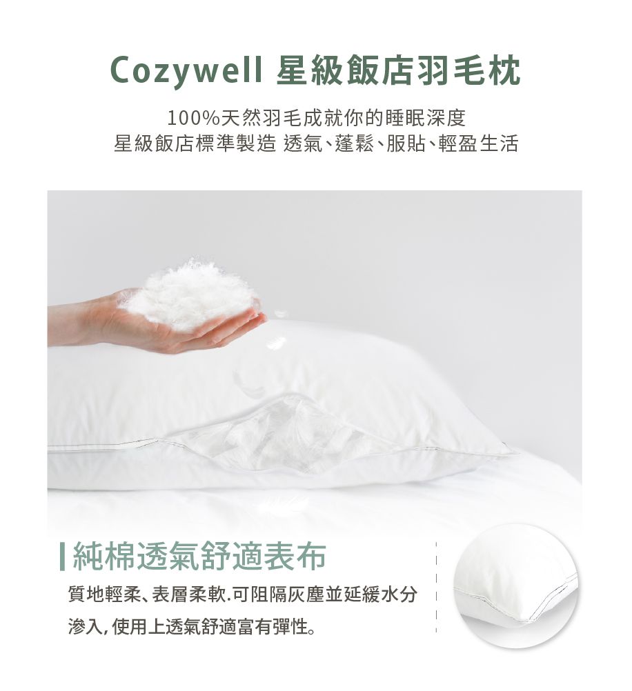 Cozywell 星級飯店羽毛枕100%天然羽毛成就你的睡眠深度星級飯店標準製造透氣蓬鬆、服貼、輕盈生活純棉透氣舒適表質地輕柔、表層柔軟.可阻隔灰塵並延緩水分滲入,使用上透氣舒適富有彈性。