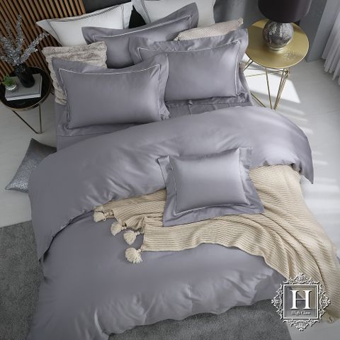 《HOYA H Series雲河灰 》希爾維亞精工刺繡500織匹馬棉被套床包四件組-特大配8x7尺被套