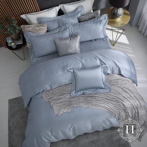 《HOYA H Series幽靜藍 》希爾維亞精工刺繡500織匹馬棉被套床包四件組-特大配8x7尺被套