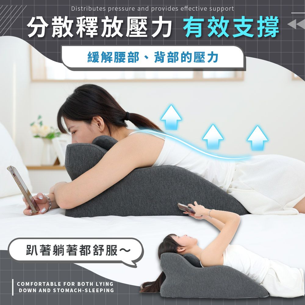 Distributes pressure and provides effective support分散釋放壓力 有效支撐緩解腰部、背部的壓力趴著躺著都舒服~COMFORTABLE FOR BOTH LYINGDOWN AND STOMACH-SLEEPING