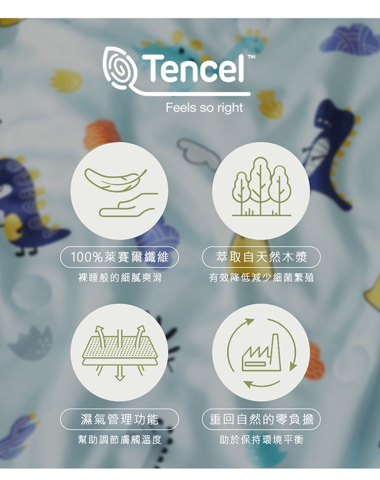 TencelFeels so right100%萊賽爾纖維萃取自天然木漿裸睡般的細膩爽滑有效降低減少細菌繁殖濕氣管理功能重回自然的零負擔幫助調節觸溫度助於保持環境平衡