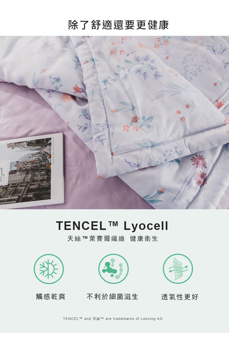 除了舒適還要更健康TENCEL  Lyocell天絲 TM 萊賽爾纖維 健康衛生觸感乾爽不利於細菌滋生透氣性更好TENCEL and are trademarks of Lenzing AG