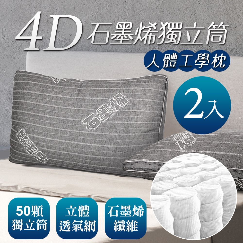 床之戀 嚴選 台灣製4D透氣人體工學石墨烯獨立筒枕頭2入