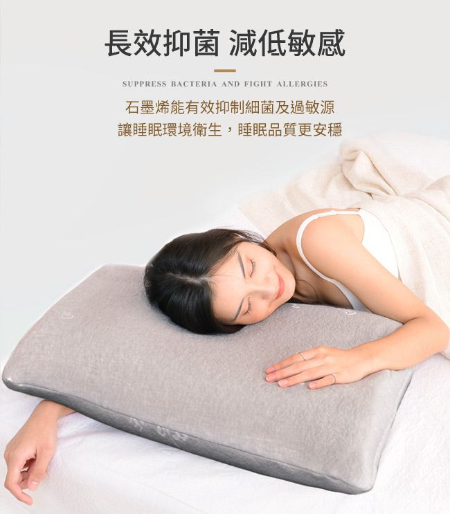 長效抑菌 減低敏感SUPPRESS BACTERIA AND FIGHT ALLERGIES石墨烯能有效抑制細菌及過敏源讓睡眠環境衛生,睡眠品質更安穩