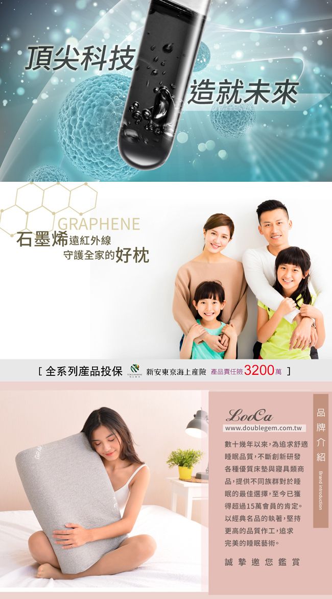 頂尖科技GRAPHENE石墨烯遠紅外線守護全家的好枕造就未來[全系列品投保新安東京海上產 產品責任險 3200萬 紹品牌 Brand introductionwww.doublegem.com.tw數十幾年以來,為追求舒適睡眠品質,不斷創新研發各種優質床墊與寢具類商品,提供不同族群對於睡眠的最佳選擇,至今已獲得超過15萬會員的肯定。以經典名品的執著,堅持更高的品質作工,追求完美的睡眠藝術。誠摯邀您鑑賞
