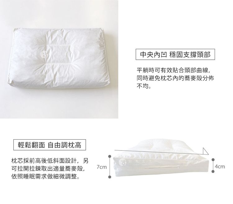 輕鬆翻面 自由調枕高中央內凹 穩固支撐頭部平躺時可有效貼合頭部曲線,同時避免枕芯的蕎麥殼分佈不均。枕芯採前高後低斜面設計,另可拉開拉鍊取出適量蕎麥殼,依照睡眠需求做細微調整。7cm|4cm