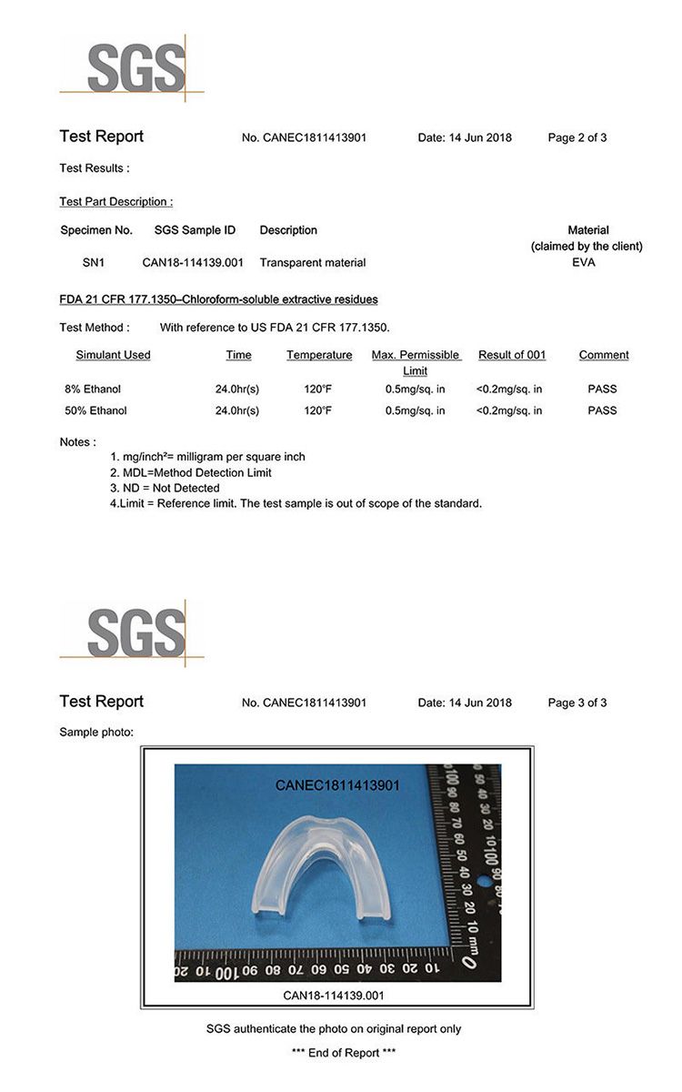 SGSTet ReportNo CANEC18114131Date 14 Jun 28Page 2 of 3Tet ResultsTest Part DescriptionSpecimen No SGS Sample ID DescriptionSN1CAN18-114139 Transparent materialFDA 21 CFR 17713-Chloroform-luble extractive residuesWith reference to US FDA 21 CFR 177135Test MethodSimulant Used8% Ethanol5% EthanolNotes:Material(claimed by the client)EVATimeTemperature(s)12F(s)12FMax PermissibleLimit0.5mg/. in0.5mg/. inResult of 001Comment0.2mg/. in0.2mg/. inPASSPASS1. mg/ milligram per square inch2. MDLMethod Detection Limit3. ND  Not Detected4.Limit  Reference limit. The test sample is out of scope of the standard.SGSTest ReportSample photo:No. CANEC1811413901Date: 14 Jun 2018Page 3 of 3CANEC1811413901100 so 80 70 60 50 40 30 20 10 mm50 40 30 20 10 100 90 01 001     09 0 0 0 0CAN18-114139.001SGS authenticate the photo on original report onlyEnd of Report