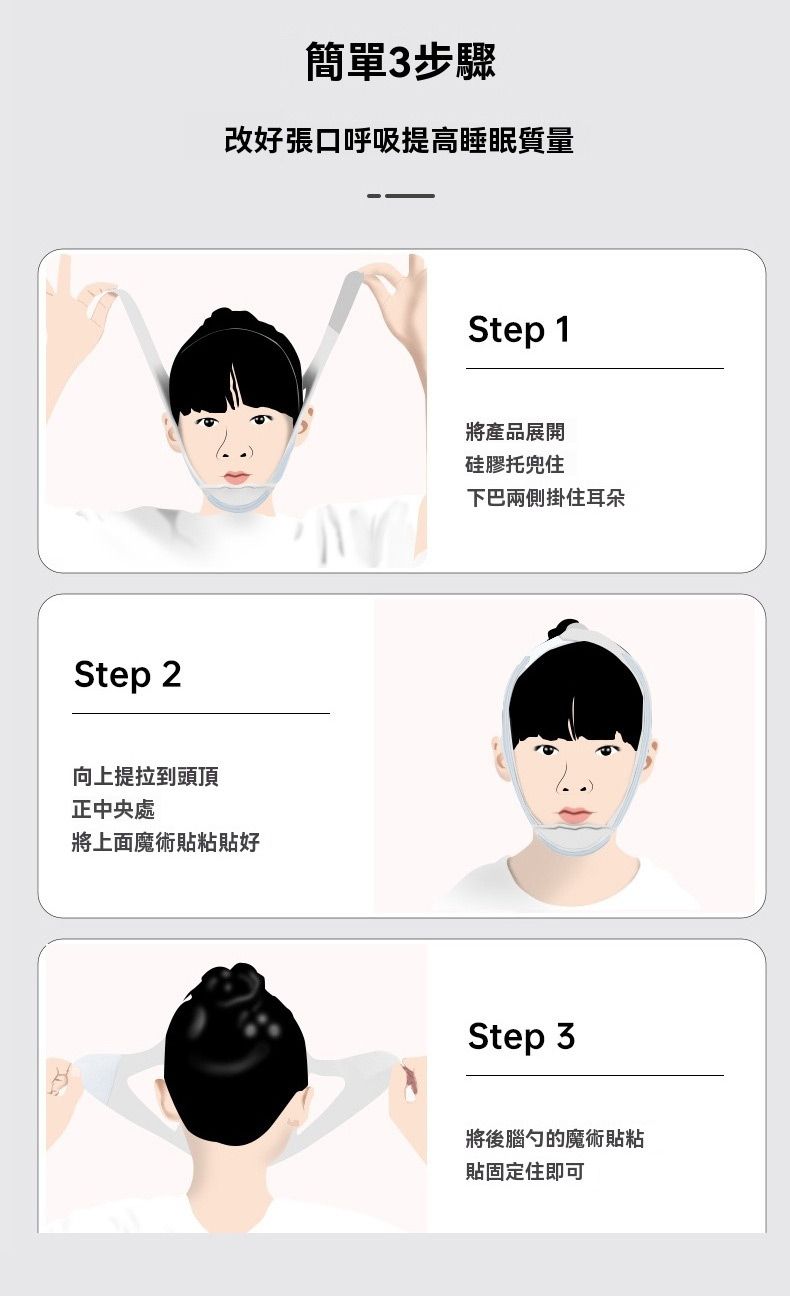 Step 2簡單3步驟改好張口呼吸提高睡眠質量向上提拉到頭頂正中央處將上面魔術貼粘貼好Step 1將產品展開硅膠托兜住下巴兩側掛住耳朵Step 3將後腦勺的魔術貼粘貼固定住即可