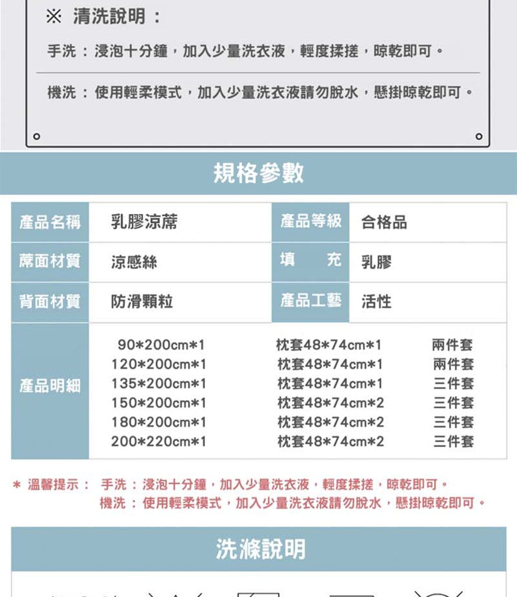 清洗說明:手洗:浸泡十分鐘,加入少量洗衣液,輕度揉搓,晾乾即可。機洗:使用輕柔模式,加入少量洗衣液請勿脫水,懸掛晾乾即可。規格參數產品名稱乳膠涼蓆產品等級合格品蓆面材質涼感絲填 充乳膠背面材質防滑颗粒產品工藝活性產品明細90*200cm*1120*200cm*1135*200cm*1150*200cm*1180*200cm*1200*220cm*1枕套48*74cm*1枕套48*74cm*1枕套48*74cm*1枕套48*74cm*2枕套48*74cm*2枕套48*74cm*2兩件套兩件套三件套三件套三件套三件套*溫馨提示: 手洗浸泡十分鐘,加入少量洗衣液,輕度揉搓,晾乾即可。機洗:使用輕柔模式,加入少量洗衣液請勿脫水,懸掛晾乾即可。說明