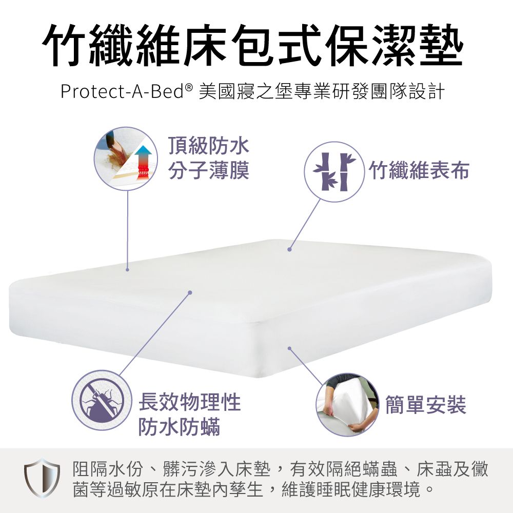 寢之堡 竹纖維雙人加大防水防蟎床包式保潔墊-Queen size (182x190cm/6x6.2~~厚度45cm以內床墊適用)