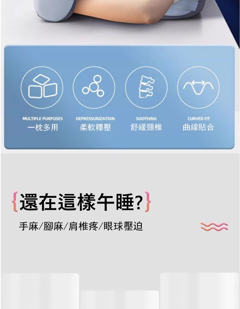 MULTIPLE PURPOSESDEPRESSURIZATIONSOOTHING一枕多用柔軟釋壓舒緩頸椎還在這樣午睡?手麻腳麻/肩椎疼/眼球壓迫CURVED FIT曲線貼合