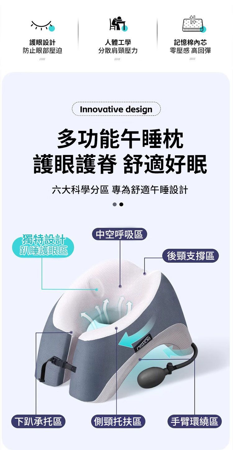 湯人體工學護眼設計記憶棉內芯防止眼部壓迫分散肩頸壓力零壓感 高回彈Innovative design多功能午睡枕護眼護 舒適好眠六大科學分區 專為舒適午睡設計獨特設計 中空呼吸區趴睡護眼區後頸支撐區下趴承托區側頸托扶區手臂環繞區