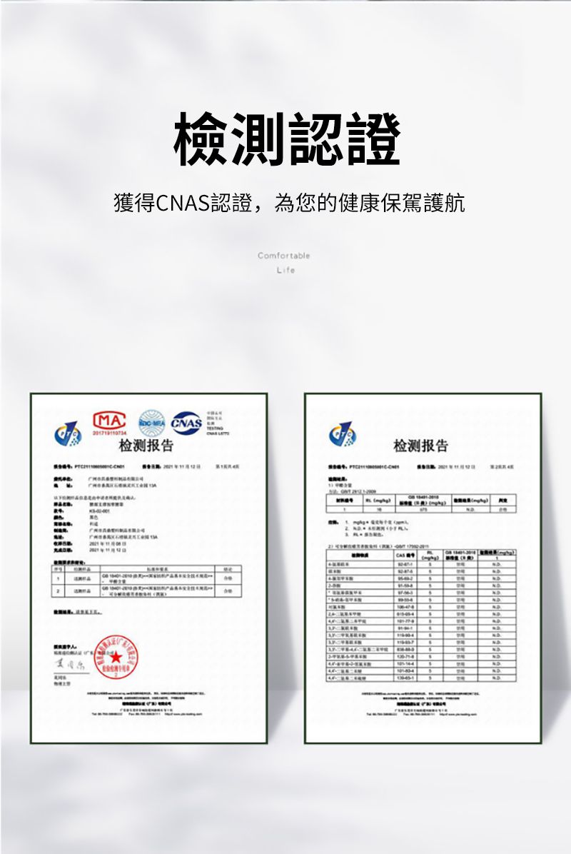 檢測認證獲得CNAS認證,為您的健康保駕護航MACNAS检测报告Comfortableife1检测报告   L