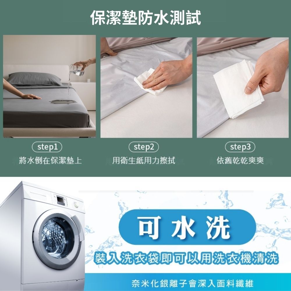 保潔墊防水測試step1step2step3將水倒在保潔墊上用衛生紙用力擦拭依舊乾乾爽爽可水洗裝入洗衣袋即可以用洗衣機清洗奈米化銀離子會深入面料纖維