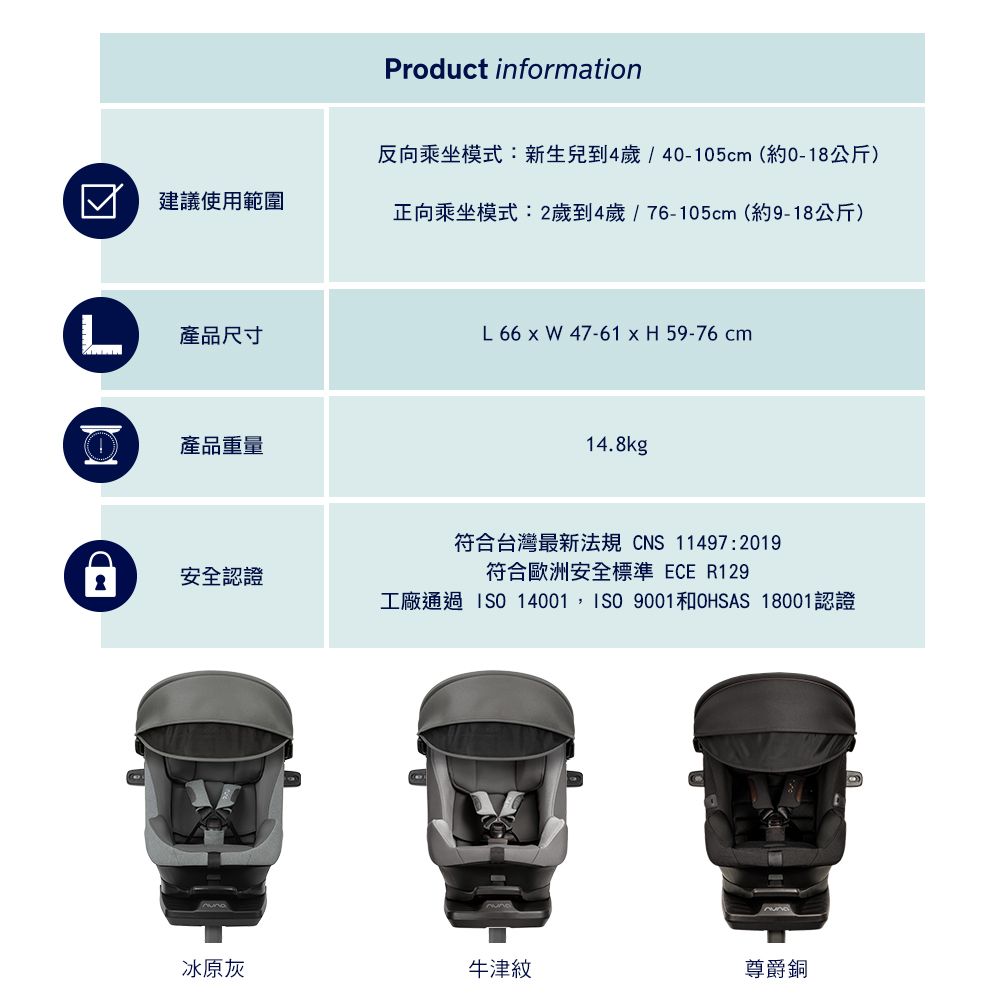 Product information反向乘坐模式:新生兒到4歲/40-105cm(約0-18公斤) 建議使用範圍正向乘坐模式:2歲到4歲/76-105cm(約9-18公斤)L產品尺寸L 66  W 47-61 x H 59-76 cm產品重量14.8kg安全認證符合台灣最新法規 CNS11497:2019符合歐洲安全標準ECE R129工廠通過 14001,ISO 9001和OHSAS 18001認證冰原灰牛津紋尊爵銅