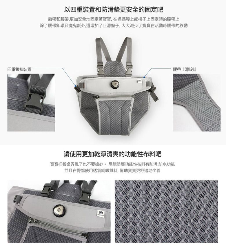 四重鎖扣裝置以四重裝置和防滑墊更安全的固定吧肩帶和腰帶,更加安全地固定著寶寶,在媽媽腰上或椅子上固定時的腰帶上除了腰帶釦環及魔鬼氈外,還增加了止滑,大大減少了寶寶在活動時腰帶的移動M腰帶止滑設計請使用更加乾淨清爽的功能性布料吧寶寶把餐桌弄亂了也不要擔心。 塗層功能性布料有防污,防水功能並且在臀部使用透氣網眼質料,幫助寶寶更舒適地坐着