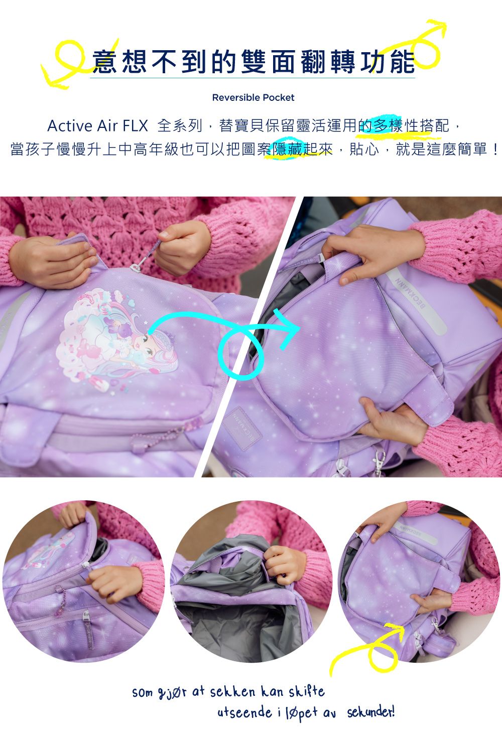 意想不到的雙面翻轉功能Reversible PocketActive Air FLX 全系列,替寶貝保留靈活運用的多樣性搭配,當孩子慢慢升上中高年級也可以把圖案隱藏起來,貼心,就是這麼簡單  at sekken kan skifteutseende i  avsekunder!BECKMANNBECKMANN