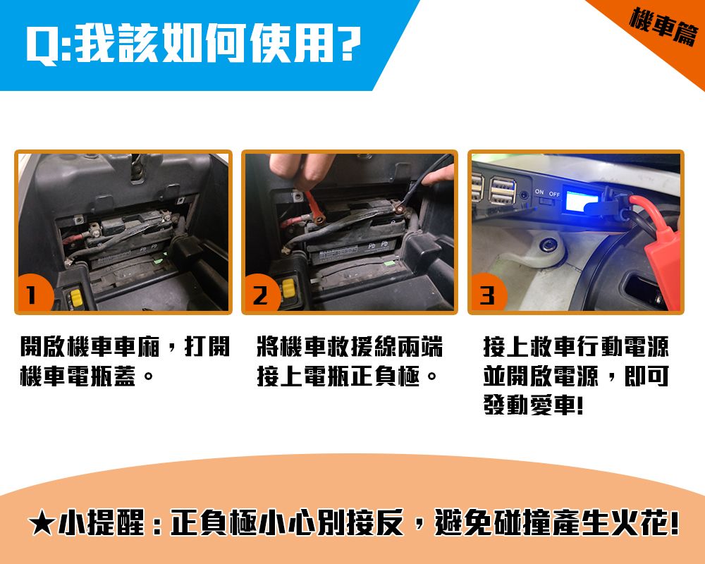 Q我該如何使用?機車篇ON OFF3開啟機車車廂,打開 將機車救援線兩端機車電瓶蓋。接上電瓶正負極。接上救車行動電源並開啟電源,即可發動愛車!★小提醒 : 正負極小心接反,避免碰撞產生火花!