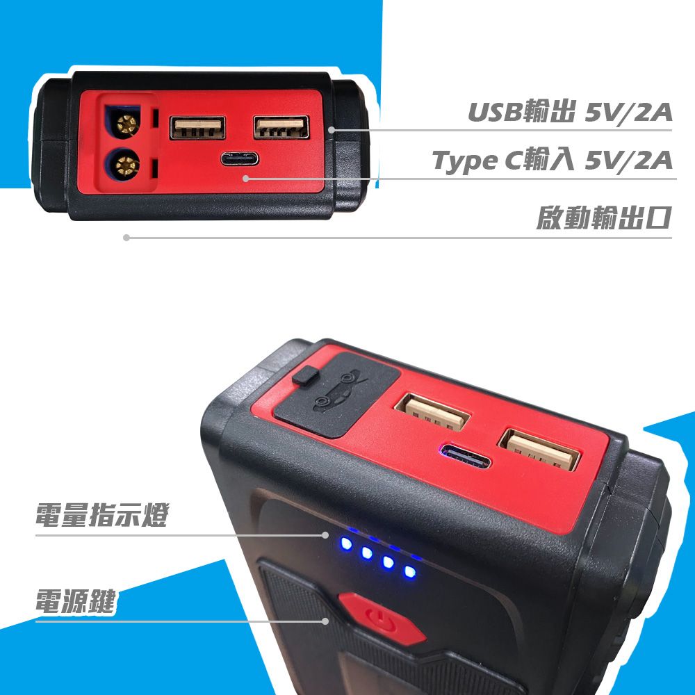 電量指示燈電源踺USB輸出 5V/2AType C輸入 5V/2A啟動輸出口