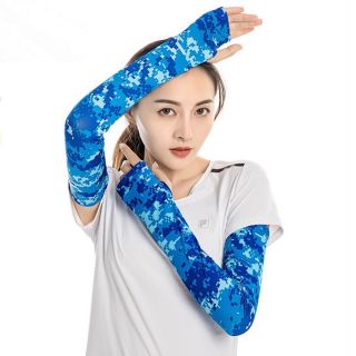 【89 zone】日系牛奶絲露大拇指運動冰袖防曬/袖套(迷彩藍)
