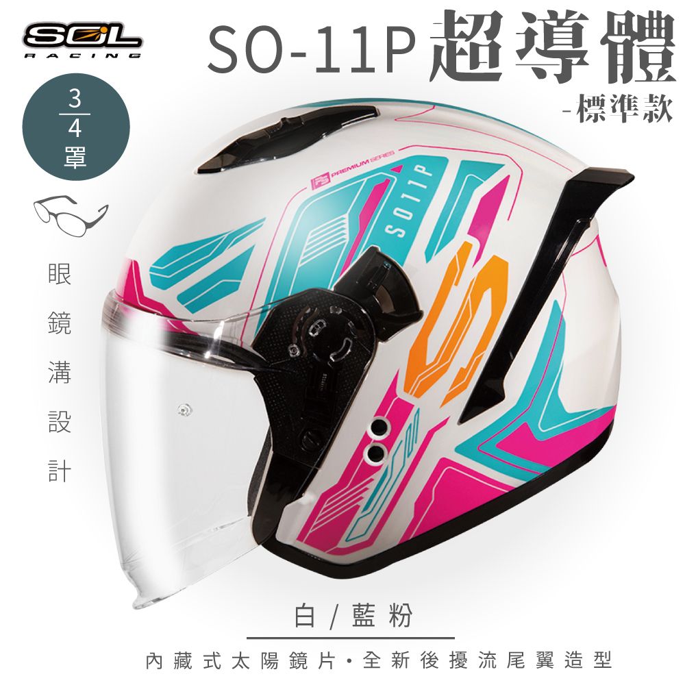 SOL SO-11P 超導體 白/藍粉 3/4罩 標準款安全帽
