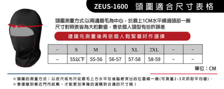 ZEU-1600 頭圍適合尺寸表格頭圍測量方式:以兩邊眉毛為中心,於眉上1CM水平繞過頭部一圈尺寸對照表皆為大約數值,會依個人頭型有些許誤差建議先測量後再依個人鬆緊喜好作選擇SMLXL2XL55 55-56 56-57 57-58 58-59-單位:CM頭圍的測量方式:以皮尺或布尺從眉毛上方水平往後腦最突出的位置繞一圈(可測量2-3次抓取平均值)。逐會建議到鄰近門市試戴,才能更加準確的選購到合適的尺寸哦!