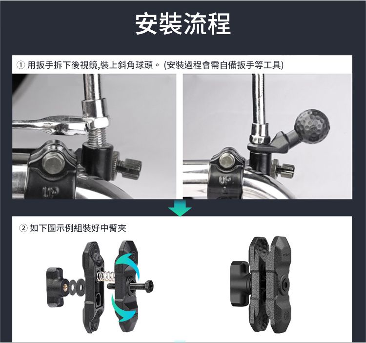 安裝流程用扳手拆下後視鏡,裝上斜角球頭。(安裝過程會需自備扳手等工具)②如下圖示例組裝好中臂