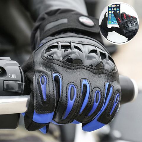防摔防風硬殼保護機車手套鵝絨保暖觸控手套 藍色 多尺寸可選