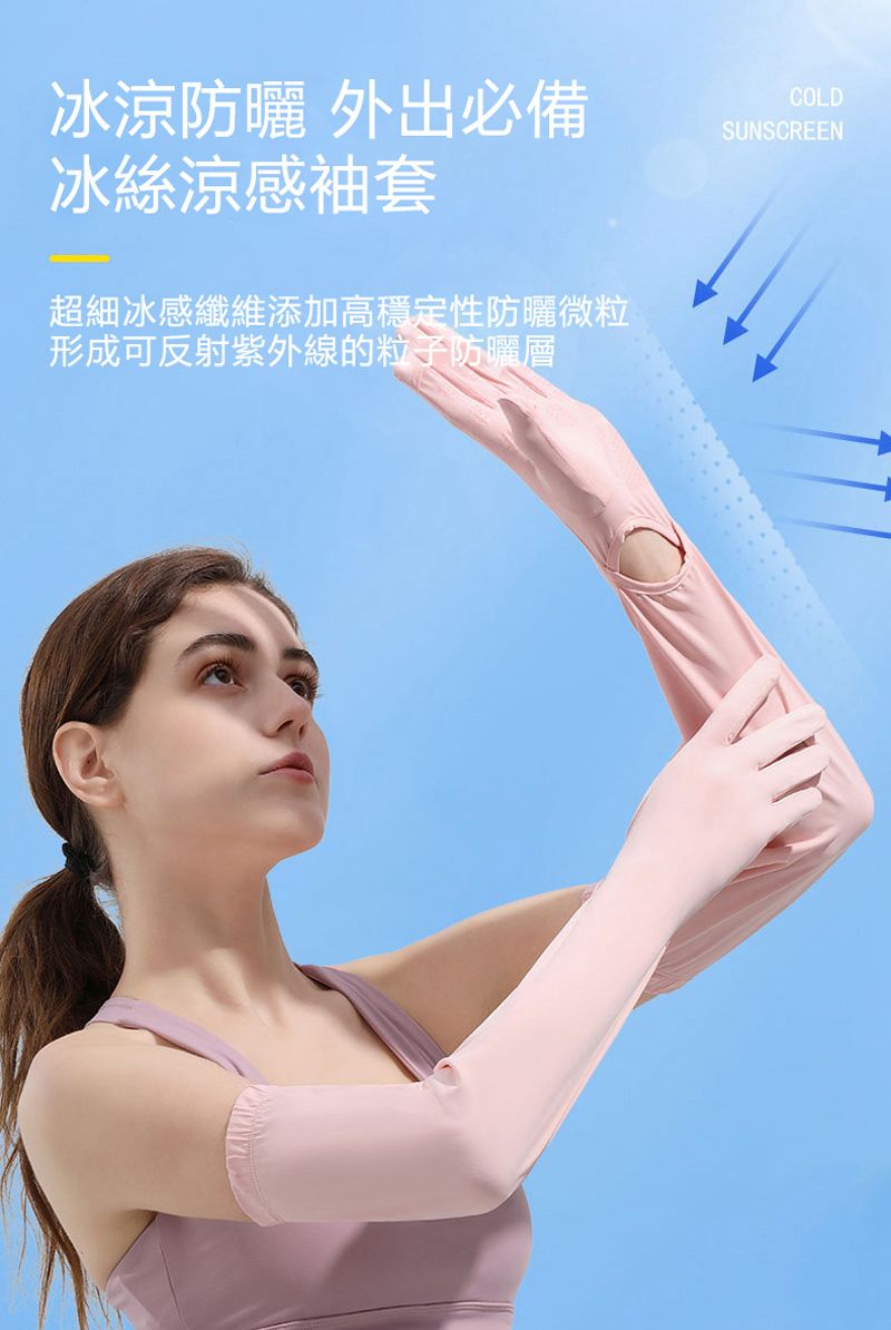 冰涼防曬 外出必備冰絲涼感袖套COLDSUNSCREEN超細冰感纖維添加高穩定性防曬微粒形成可反射紫外線的粒子防曬層