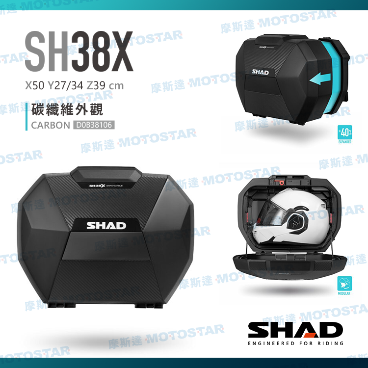 SHAD SH38X 摩托車側置物箱-可擴充式 碳纖維外觀  (左+右一組)