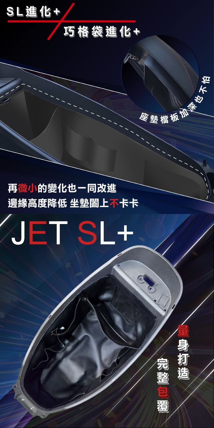 SL進化+巧格袋進化+再微小的變化也一同改進邊緣高度降低 坐墊闔上不卡卡JET SL+也不怕加座墊整造