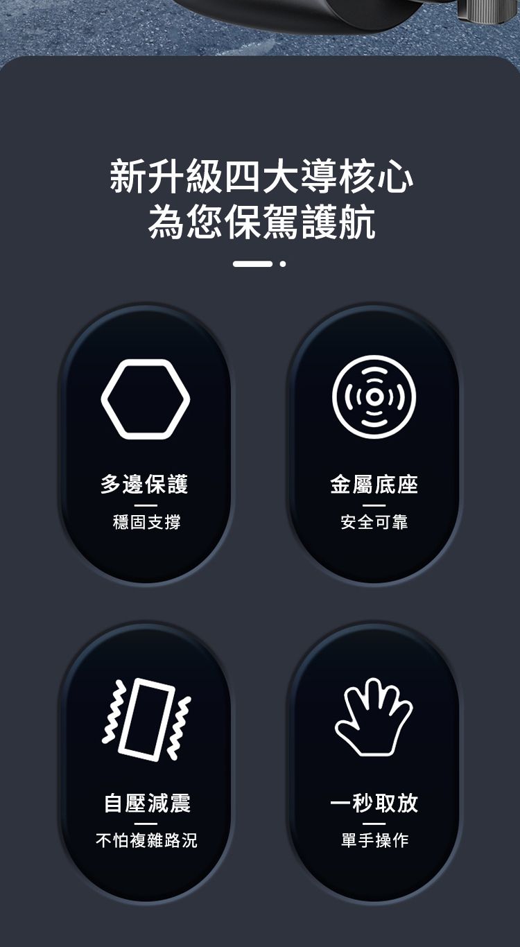新升級四大導核心為您保駕護航(())多邊保護金屬底座穩固支撐安全可靠自壓減震一秒取放不怕複雜路況單手操作
