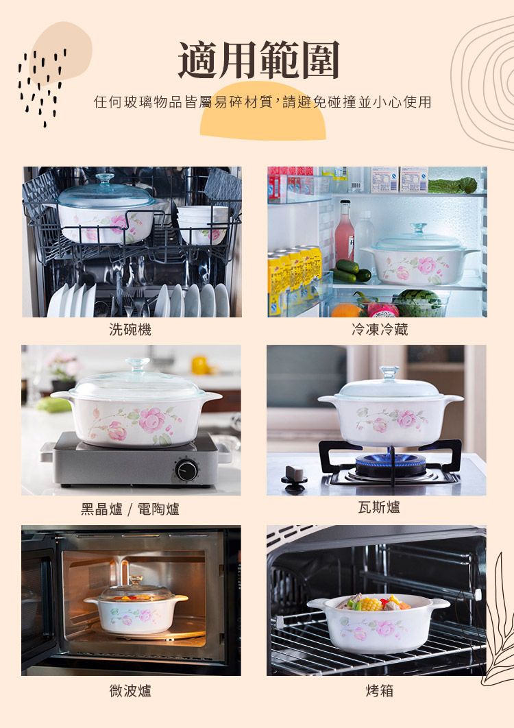 適用範圍任何玻璃物品皆屬易碎材質,請避免碰撞並小心使用洗碗機冷凍冷藏黑晶爐/電陶爐瓦斯爐微波爐烤箱