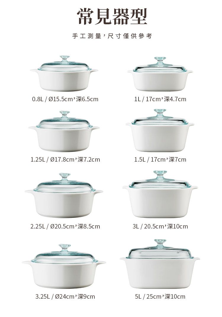 常見器型手工測量尺寸僅供參考0.8L  Ø15.5cm深6.5cm / 17cm深4.7cm1.25L/Ø17.8cm深7.2cm1.5L / 17cm,深7cm2.25L/Ø20.5cm,深8.5cm3L / 20.5cm,深10cm3.25L/Ø24cm,深9cm5L / 25cm,深10cm