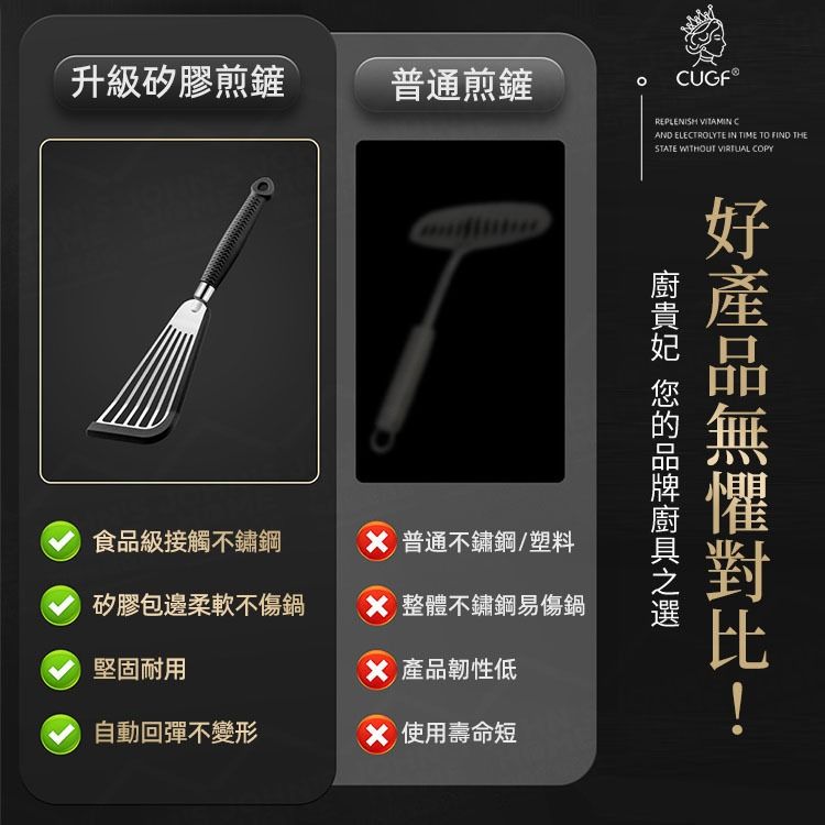  不沾鍋矽膠煎鏟 廚貴妃 CUGF 煎蛋牛排魚鏟 平鏟 瀝油鏟 鍋鏟(黑)