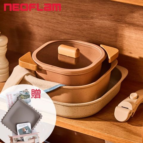 韓國製造 不挑爐具【NEOFLAM】FIKA 陶瓷塗層鍋具七件組 可拆式把手(贈 韓國Woody Pink隔熱墊乙組)