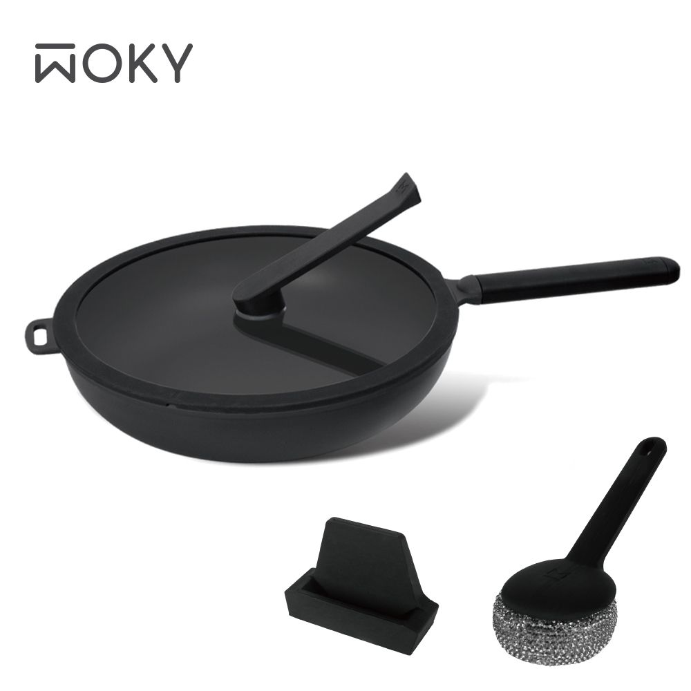WOKY 沃廚 恰恰鍋28公分平煎鍋組(含集水器+鍋刷)