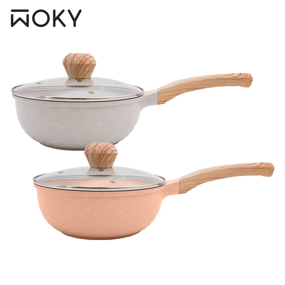 WOKY 沃廚 極簡日日溫潤陶瓷不沾鍋 22cm深炒鍋含蓋