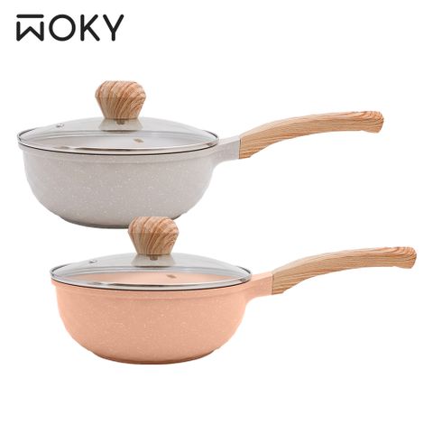【WOKY 沃廚】極簡日日溫潤陶瓷不沾鍋 22cm深炒鍋含蓋(不挑爐具、IH適用)