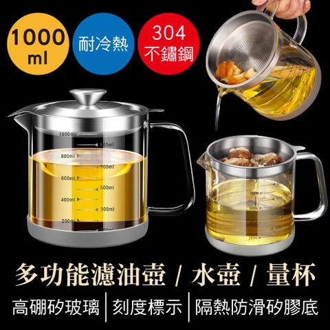新錸家居 德國SSGP★304不鏽鋼蓋濾油儲油壺罐/耐冷熱高硼矽玻璃烘焙量杯1000ml(濾網篩刻度 湯茶水壺瓶)