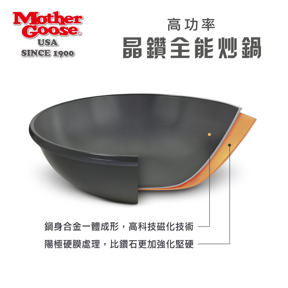 Mother Goose 鵝媽媽 晶鑽輕量無塗層物理性不沾鍋節能炒鍋36cm(雙耳炒鍋)