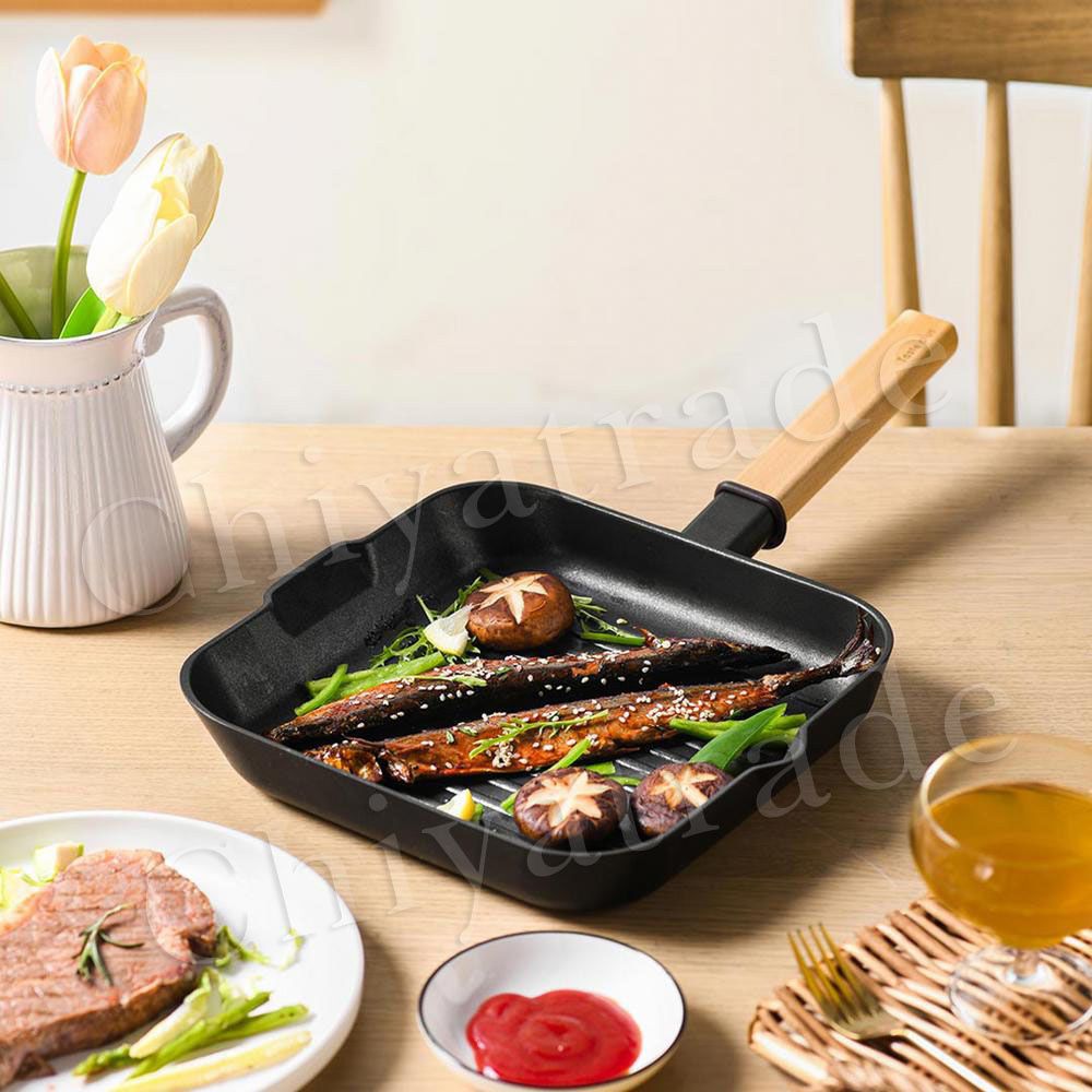Taste Plus 悅味元木 鑽石塗層 不沾鍋 方型平底鍋 牛排鍋 煎魚鍋 煎盤 烤盤-24cm(IH全對應設計)