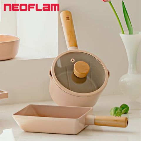 【NEOFLAM】FIKA 蜜桃粉 陶瓷塗層鍋具2件組 16cm雙耳湯鍋+18cm單柄鍋