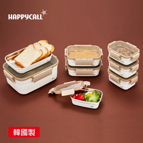 【韓國HAPPYCALL】韓國製白瓷釉304不鏽鋼保鮮盒8件組(500ml/650ml/850ml/920ml/3.6L)