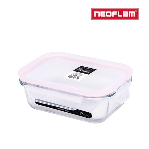 NEOFLAM 升級版專利無縫膠條耐熱玻璃保鮮盒長方形-370ml(粉色膠條)