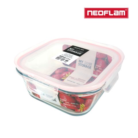 NEOFLAM 升級版專利無縫膠條耐熱玻璃保鮮盒正方形-800ml(粉色膠條)
