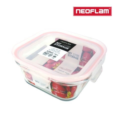 NEOFLAM 升級版專利無縫膠條耐熱玻璃保鮮盒正方形-520ml(粉色膠條)